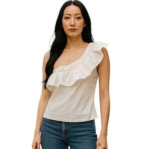 Anthropologie Porridge White Ruffled One Shoulder Ribbed Knit Top Size Small